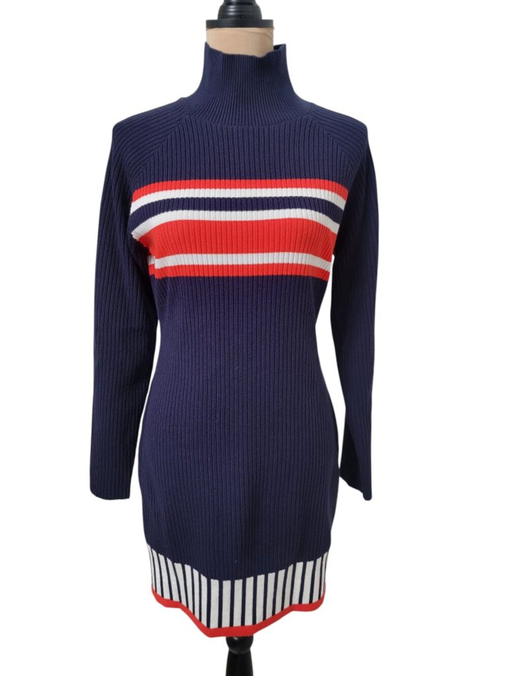 Oyrosy Size M Blue, Red White Colorblock Stripe Long Sleeve Sweater Dress